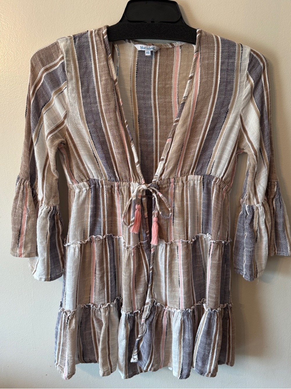BLUE ISLAND SWIMSUIT BEACH COVER UP, 3/4 BELL SLEEVES TIES @ WAIST, coastal chic